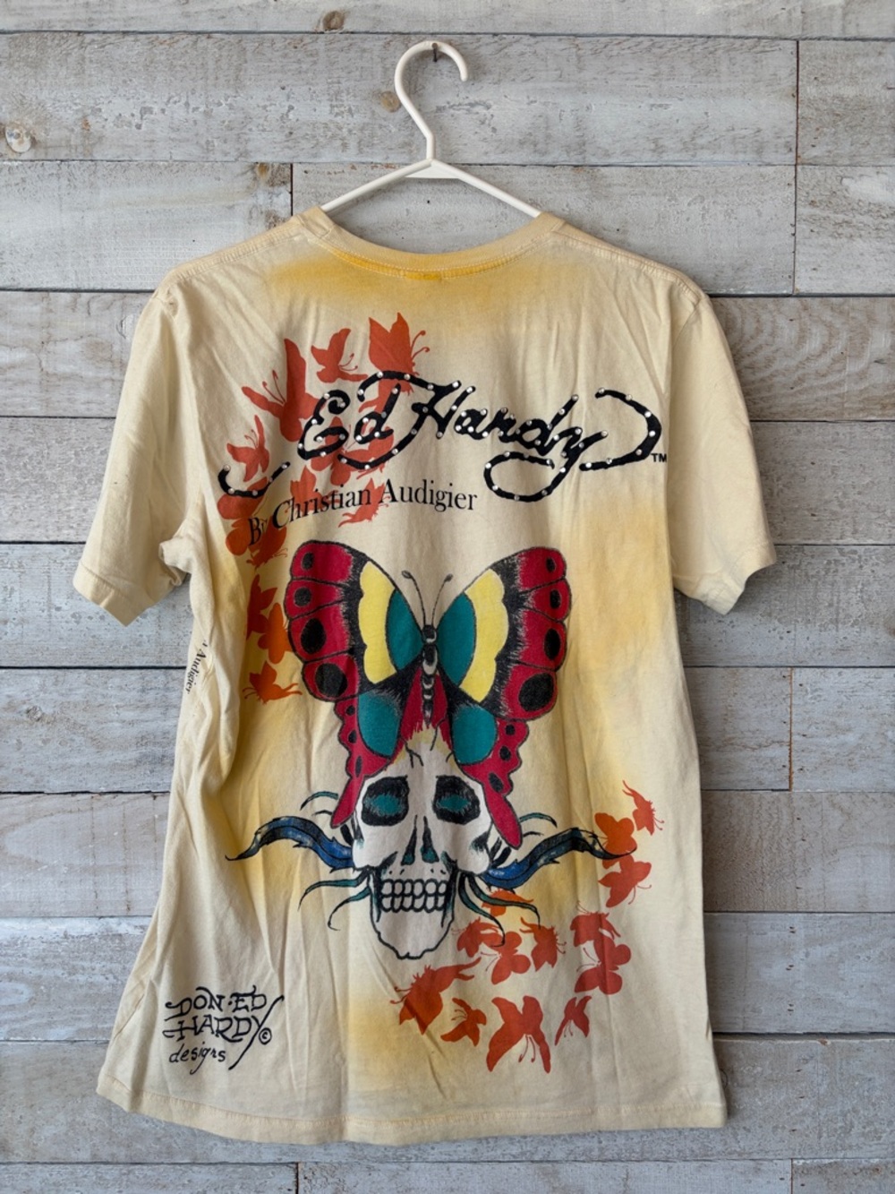 Ed Hardy Yellow Tee with Black Graphic and Rhinestones - Picture 3 of 11